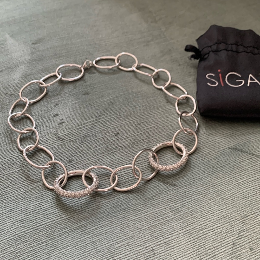 SIGAL Oval Chain Link 925 Silver Necklace With Rhinestones